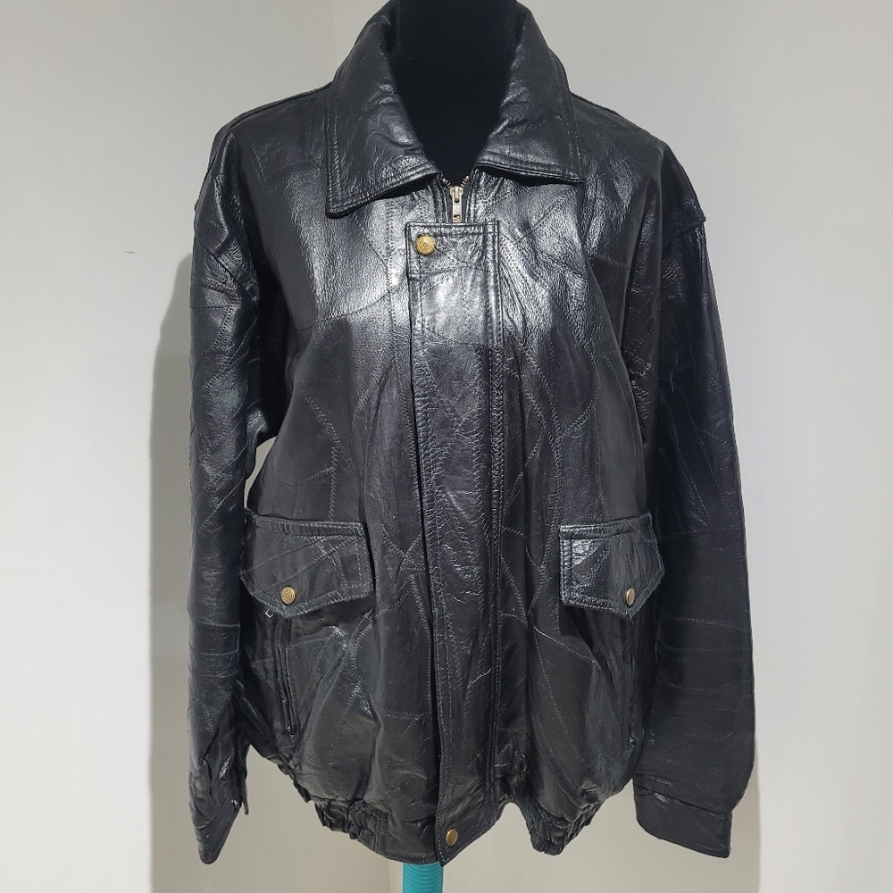 Vintage Genuine Leather Patchwork Lined Bomber Jacket XL Black Bikercore Edgy